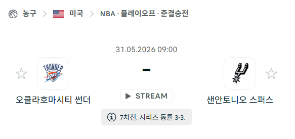 [미국 NBA] 5월31일 오클라호마시티 썬더 vs 샌안토니오 스퍼스 분석 중계
