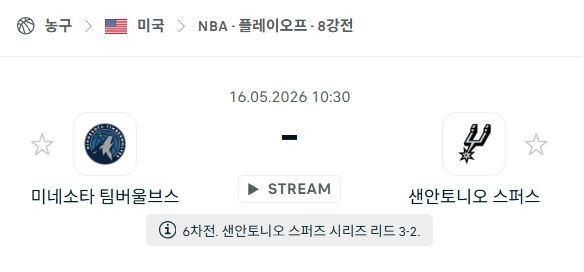 [미국 NBA] 5월16일 미네소타 팀버울브스 vs 샌안토니오 스퍼스 분석 중계
