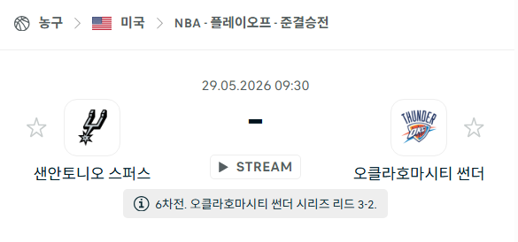 [미국 NBA] 5월29일 샌안토니오 스퍼스 vs 오클라호마시티 썬더 분석 중계